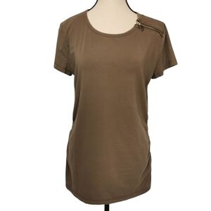 Michael Kors Scoop Neck Short Sleeve Tee in Deep Tan & Zipper Detail - Sz XL